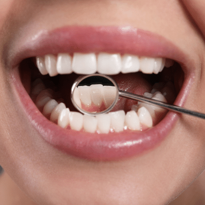 A close-up of a person's mouth and dental mirror tool examining the back bottom teeth, representing oral health and cancer